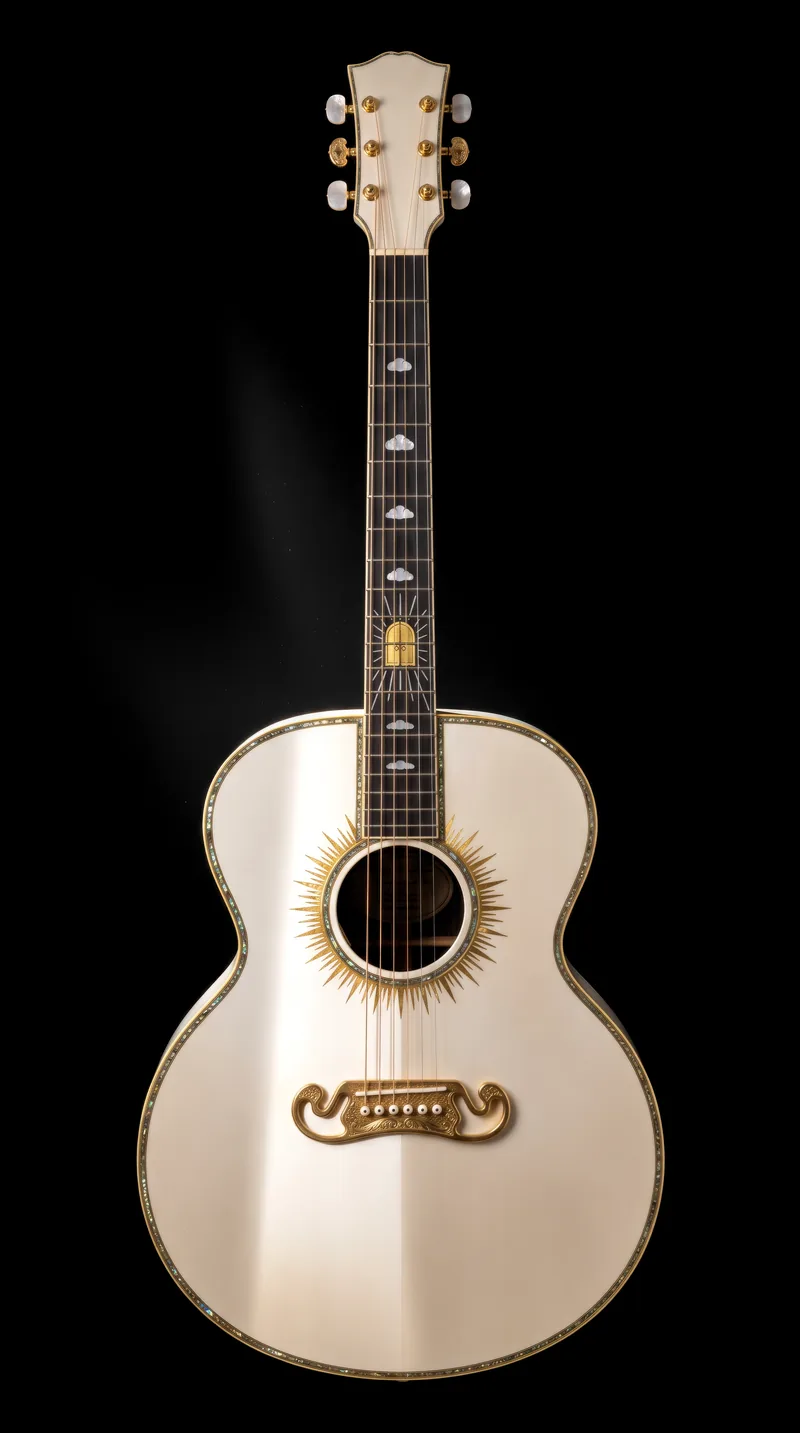 A pearl-white super-jumbo guitar with gold-leaf binding and a gold sun-ray rosette, standing upright against pure black under one hard light, pearl clouds climbing its fingerboard to a golden arched door at the twelfth fret.